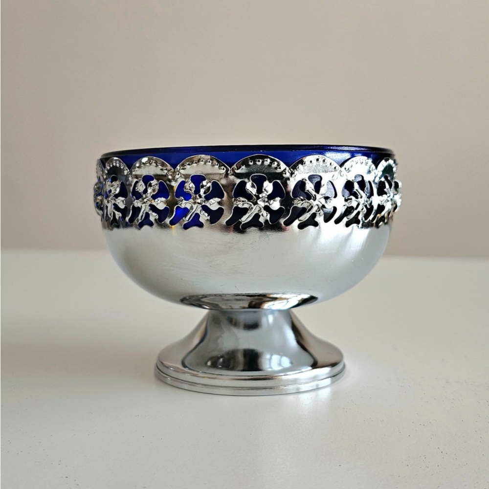Vintage English Cobalt Blue Chrome Pedestal Bowl Celtic Quality c.1950s